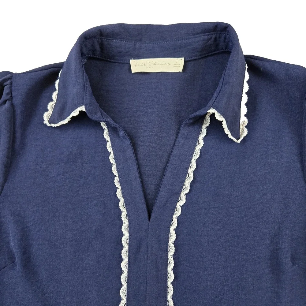 Fair Haven Women's Short Sleeve Shirt Navy with Feminine Lace Trim Demure Large - Picture 2 of 9